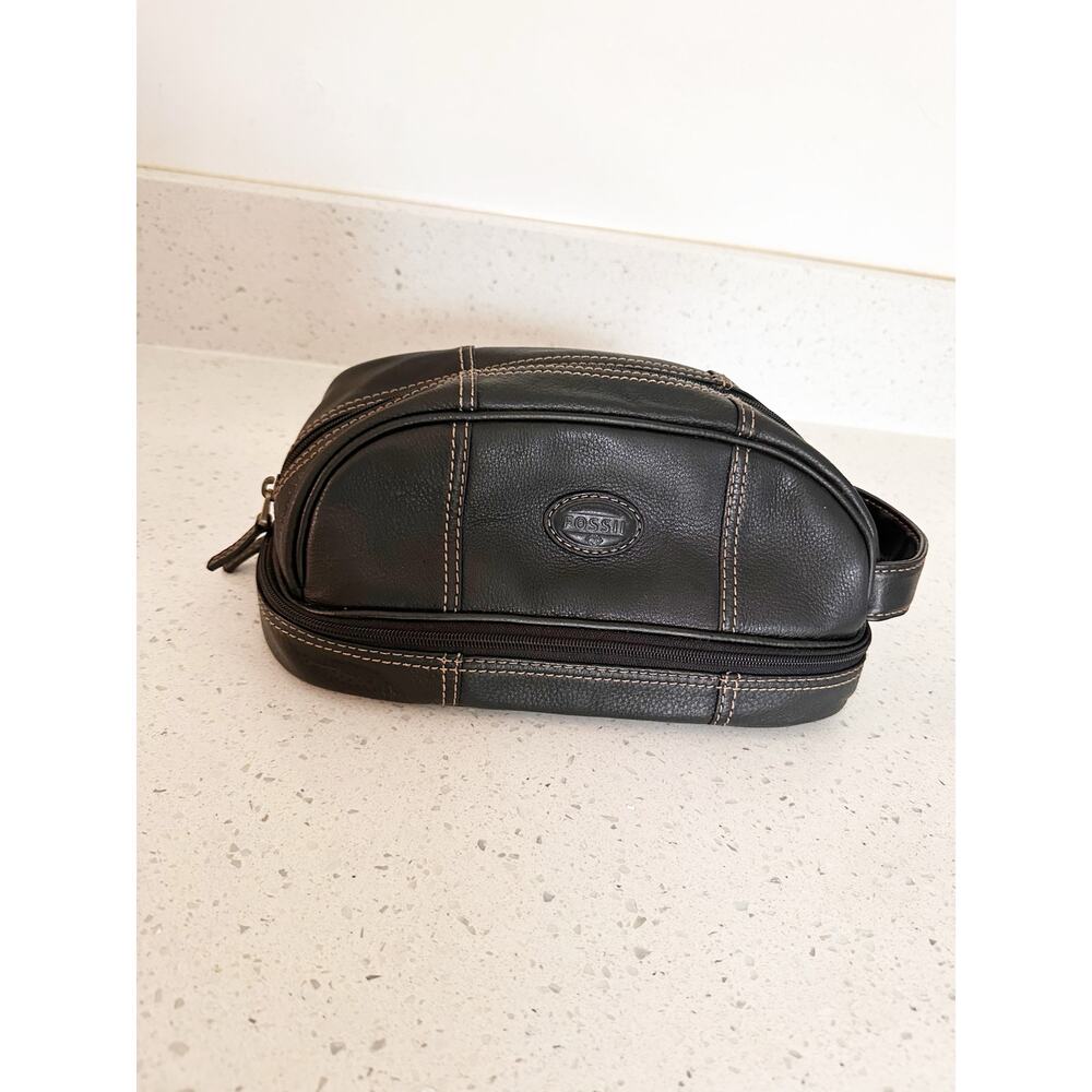 Vintage Fossil Men’s Black Leather Toiletry Bag Travel Kit Dual Compartments